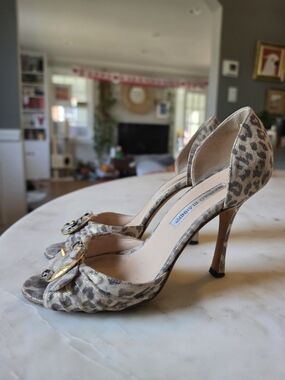 Vintage Manolo Blahnik Leopard-Print D'Orsay Heels Metallic Gold Size 37.5/7.5